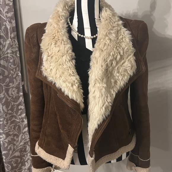 bebe Jackets & Blazers - Sold 🤎Rare Y2K BEBE Brown Bomber Jacket with Cream faux shearling fur